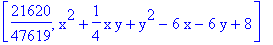 [21620/47619, x^2+1/4*x*y+y^2-6*x-6*y+8]